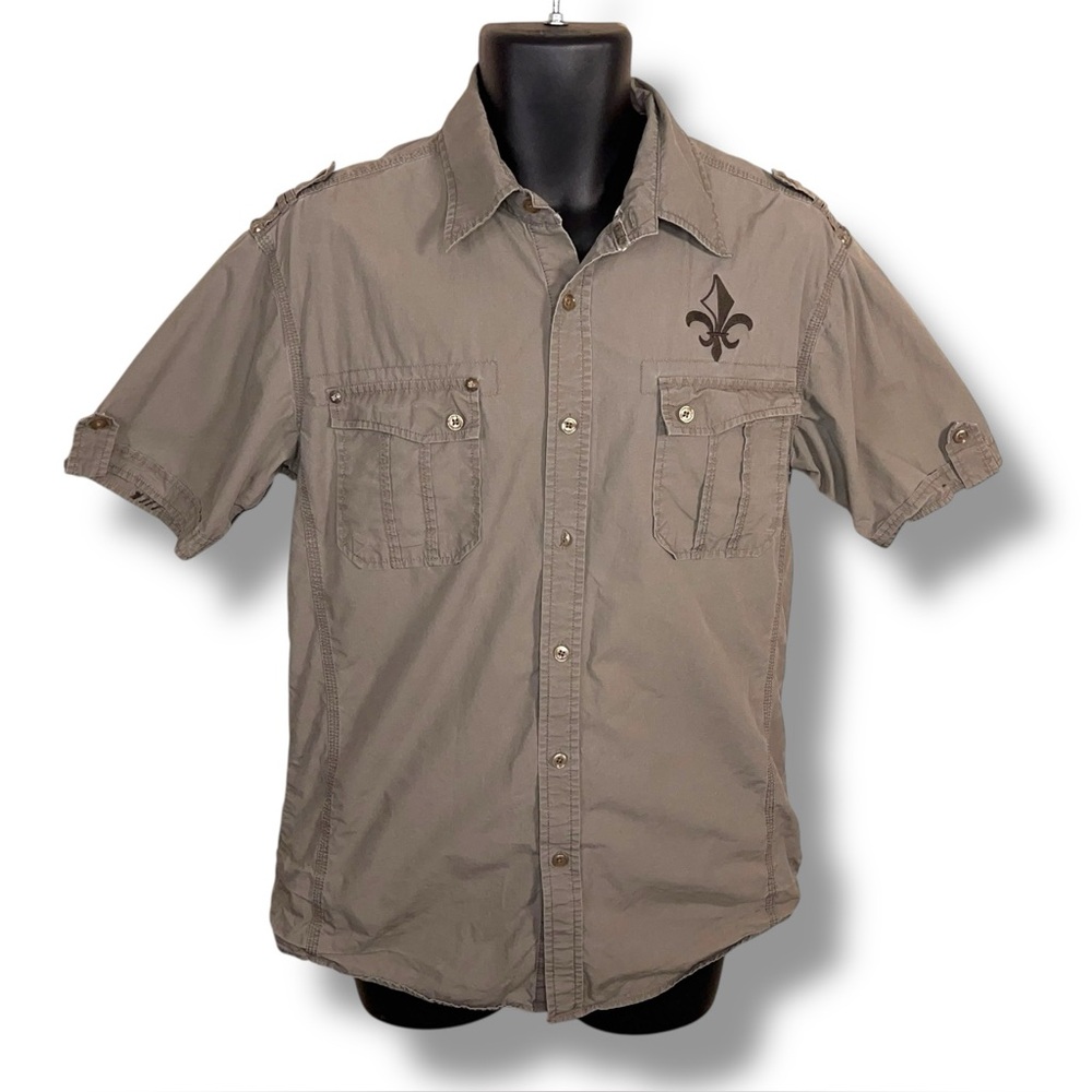 Medium 7 Diamonds Light Beige Greyish Button Up Shirt Fleur De Lis Cotton